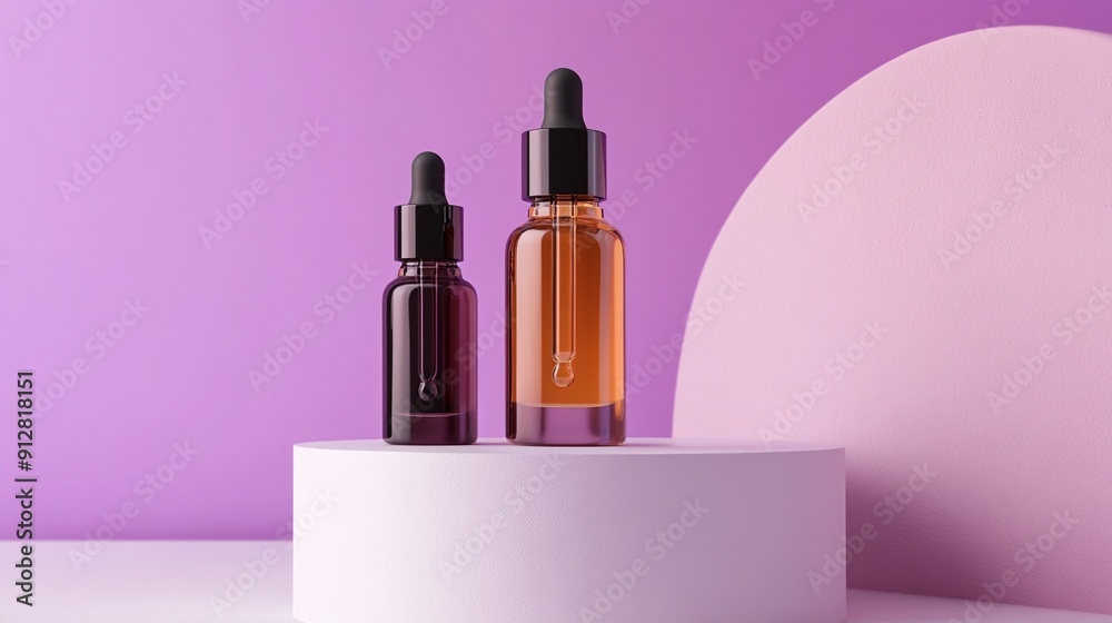 Elegant glass dropper bottles with vibrant serums on white podium against purple backdrop, showcasing luxurious skincare products in minimalist setting. Elegant glass dropper bottles with vibrant serums on white podium against purple backdrop, showcasing luxurious skincare products in minimalist setting.