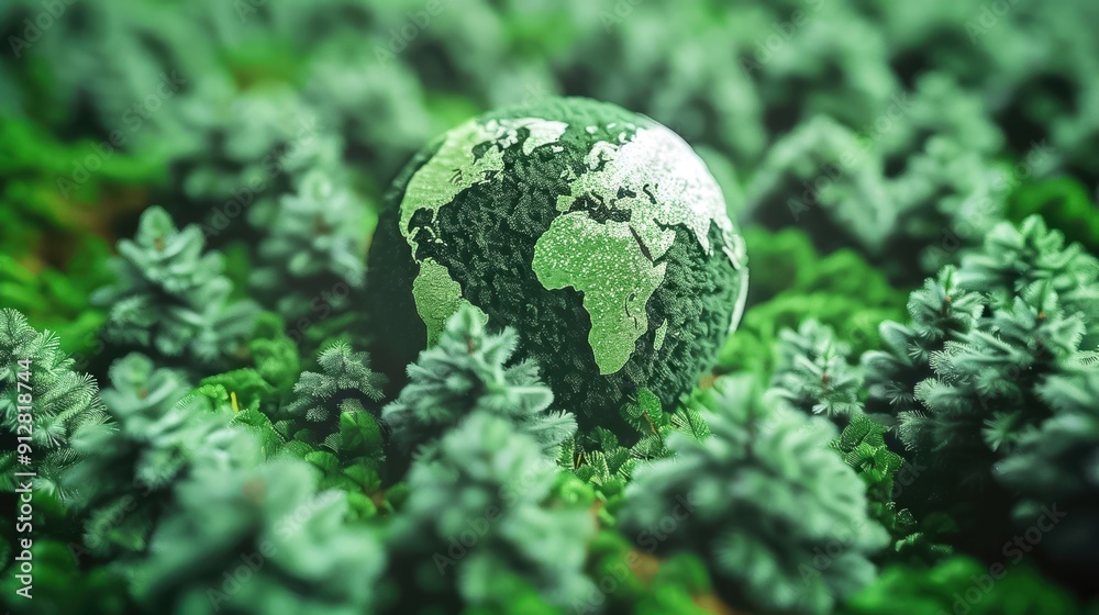 Earth globe covered in moss among lush green trees in a forest, symbolizing nature conservation and ecological balance. Earth globe covered in moss among lush green trees in a forest, symbolizing nature conservation and ecological balance.