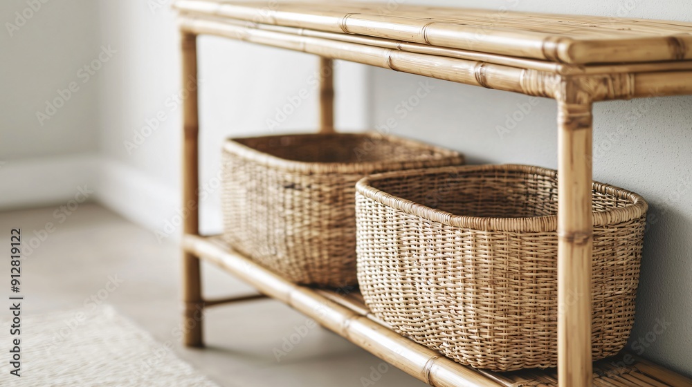 Rustic bamboo console table with woven baskets in an entryway bamboo furniture country style Rustic bamboo console table with woven baskets in an entryway bamboo furniture country style