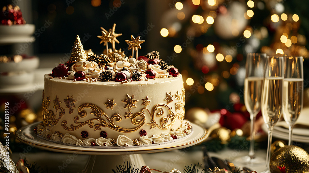 A detailed view of an elegantly decorated New Year’s Eve cake with intricate designs and festive toppers, placed on a table with party decorations and champagne glasses for the New Year Celebration 