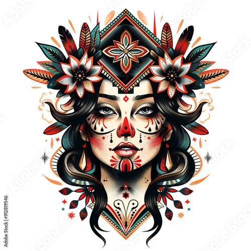 Cross shape concept of chicano girl very simple traditional tattoo illustration