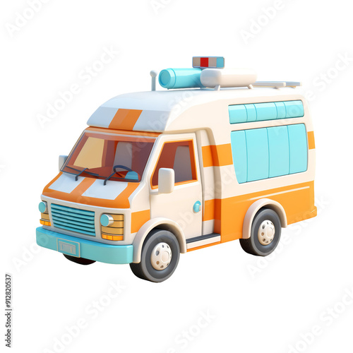 3D cartoon ambulance with orange and blue stripes,  isolated on a transparent background