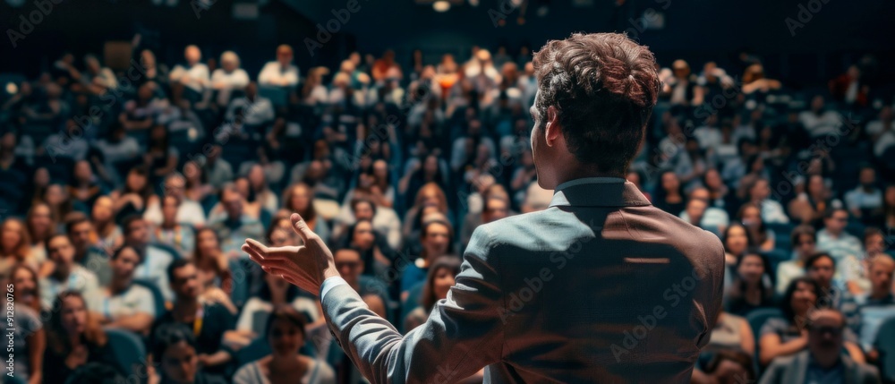 A man in a brown suit speaks on stage to a diverse audience in an auditorium. Engaged listeners hold phones. Vibrant atmosphere at a presentation. A man in a brown suit speaks on stage to a diverse audience in an auditorium. Engaged listeners hold phones. Vibrant atmosphere at a presentation.