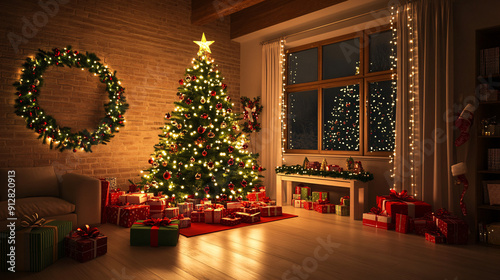 A beautifully decorated living room with a large Christmas tree adorned with sparkling lights, colorful ornaments, and a star on top, surrounded by wrapped gifts and festive garlands, creating 