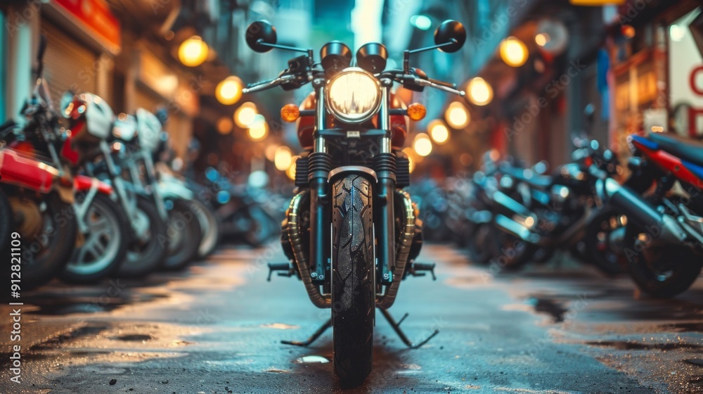 A night scene with motorcycles parked in a row, focusing on a black one with glowing headlight. Tranquil ambiance with warm lights, varied colors, and well-organized layout. A night scene with motorcycles parked in a row, focusing on a black one with glowing headlight. Tranquil ambiance with warm lights, varied colors, and well-organized layout.