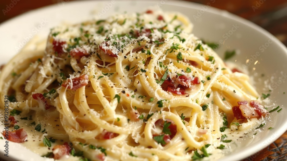 Delicious plate of spaghetti with creamy sauce, topped with bacon and sprinkled with fresh herbs. Perfect for Italian cuisine lovers. Delicious plate of spaghetti with creamy sauce, topped with bacon and sprinkled with fresh herbs. Perfect for Italian cuisine lovers.