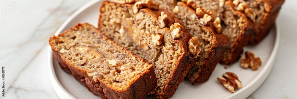 Close up view of gluten free banana bread with walnuts and honey sliced on a white marble table Close up view of gluten free banana bread with walnuts and honey sliced on a white marble table