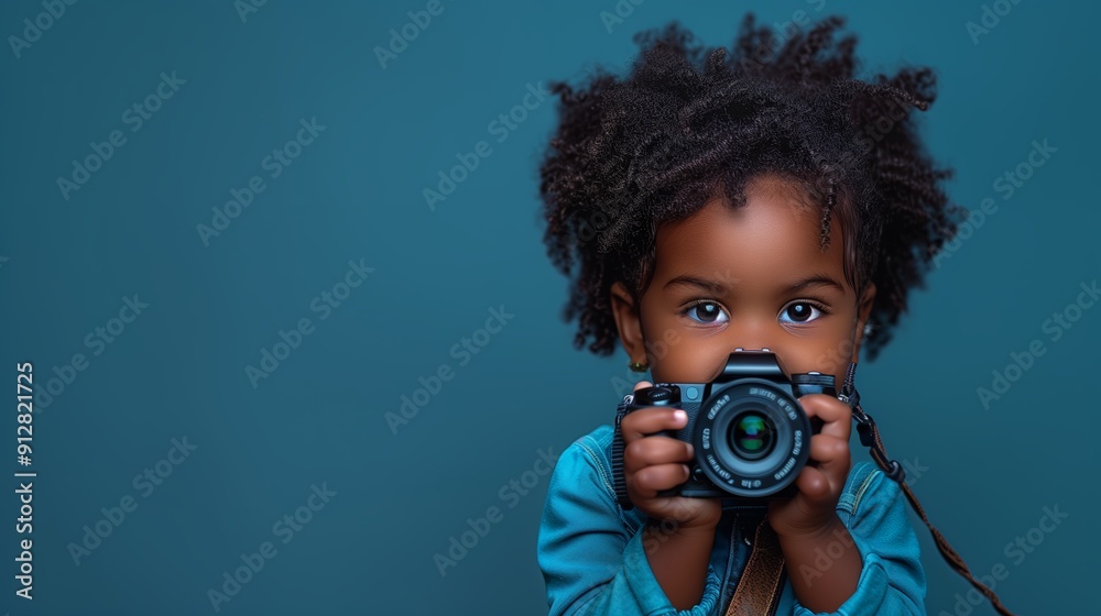 Fototapeta premium Young Child Holding a Camera With Curly Hair Against a Blue Background