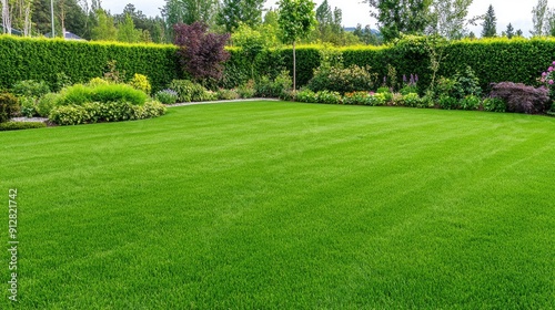 A serene garden features meticulously arranged greenery, colorful plants, and winding paths under a clear sky, inviting relaxation and exploration