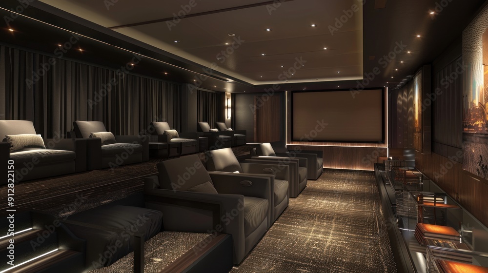 modern home theater with plush seating and state-of-the-art audiovisual equipment