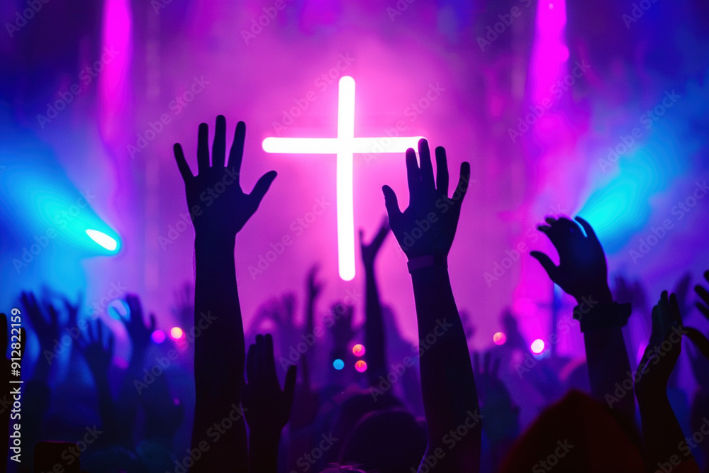 Christian people worshipers raising hands up in the air in front of the cross symbol. Spiritual devotion ceremony at church congregation for religious gathering in church. Religion concept Christian people worshipers raising hands up in the air in front of the cross symbol. Spiritual devotion ceremony at church congregation for religious gathering in church. Religion concept