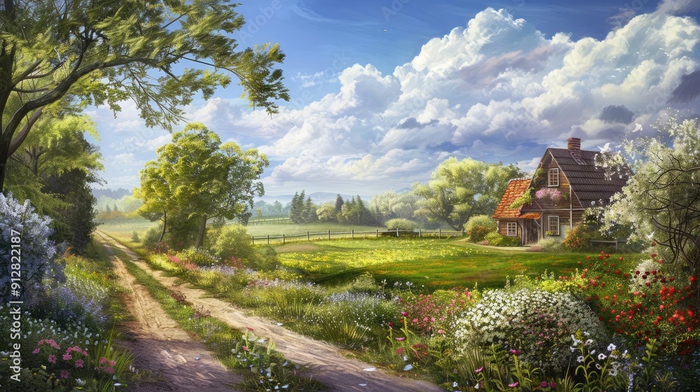 A serene countryside scene with a winding path, vibrant fields, lush trees, and a charming cottage under a bright blue sky. A serene countryside scene with a winding path, vibrant fields, lush trees, and a charming cottage under a bright blue sky.