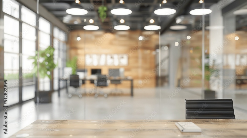 Modern open-plan office space with wooden accents, glass partitions, and industrial lighting. Focus on empty desk in foreground, blurred background showcases workspace design. Modern open-plan office space with wooden accents, glass partitions, and industrial lighting. Focus on empty desk in foreground, blurred background showcases workspace design.
