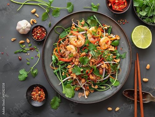 Goi Du Du. The most popular Vietnamese dishes.  A refreshing green papaya salad with shrimp, pork, peanuts, and fresh herbs. photo