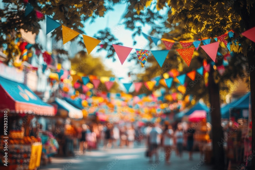 Colorful carnival bunting and flags on trees, summer festival