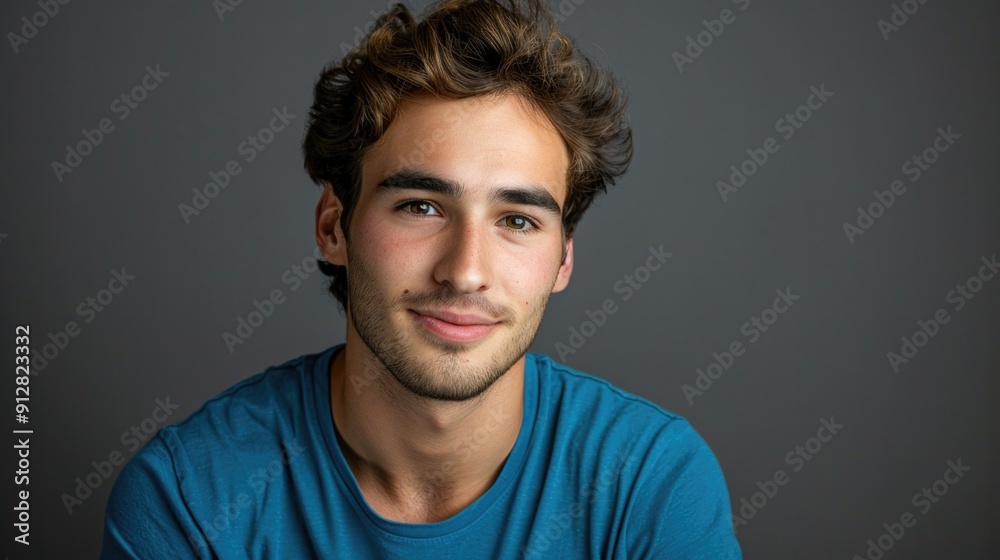 Male Face. Close-Up Portrait of Young Smiling Guy in Blue T-Shirt Isolated on Gray Background Male Face. Close-Up Portrait of Young Smiling Guy in Blue T-Shirt Isolated on Gray Background