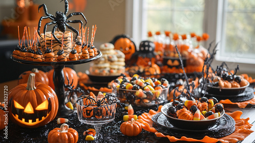 A close-up of a table set for a Halloween party, decorated with orange and black tableware, creepy crawly decorations, and an array of themed treats like candy corn and pumpkin-shaped cookies 