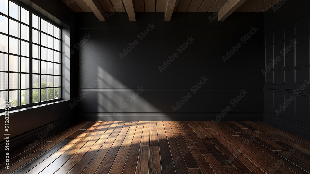 Empty room with black wall background wooden floor, Living room