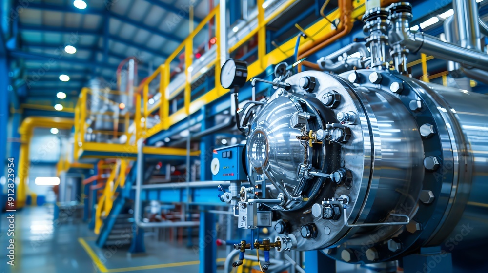 Industrial boiler providing steam for a chemical plant, complex machinery backdrop Strong and durable, efficient and reliable, industrial processing