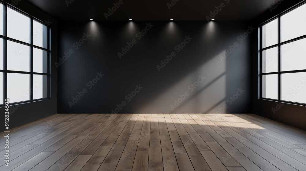 Obraz premium Empty room with black wall background wooden floor, Living room