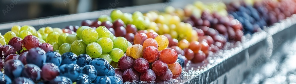 Grapes on conveyor belt with water in factory washing process Grapes on conveyor belt with water in factory washing process