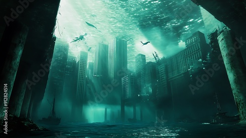 Submerged Cityscape with Sunbeams Piercing the Water photo