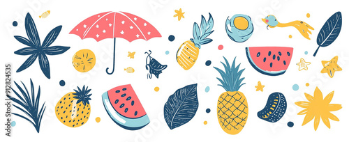 Seaside Playfuls: Hand-Drawn Vector Art Featuring Summer Symbols and Elements, Perfect for Vibrant Design Projects photo