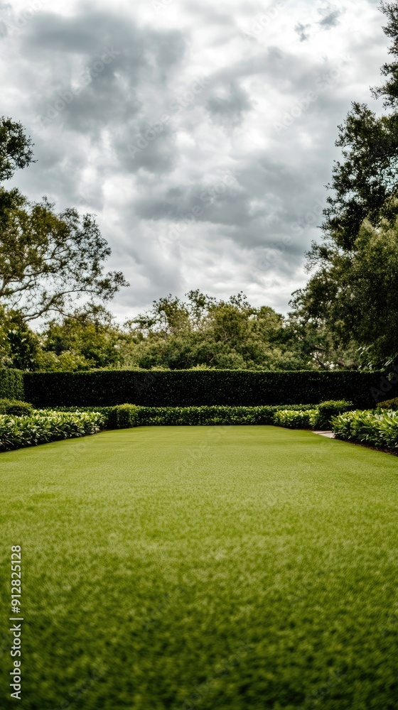 Naklejka premium A serene garden features meticulously arranged greenery, colorful plants, and winding paths under a clear sky, inviting relaxation and exploration