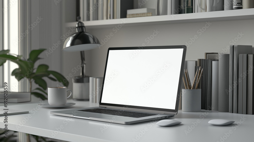 Fototapeta premium Notebook laptop white screen mockup is on a white table in simple minimal coffee shop