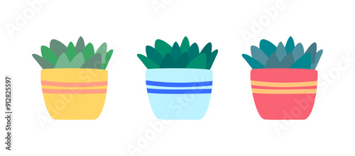 Cartoon Color Indoor Succulents Pot Set Interior Element Concept Flat Design Style Isolated on a White Background. Vector illustration of Echeveria Cactus