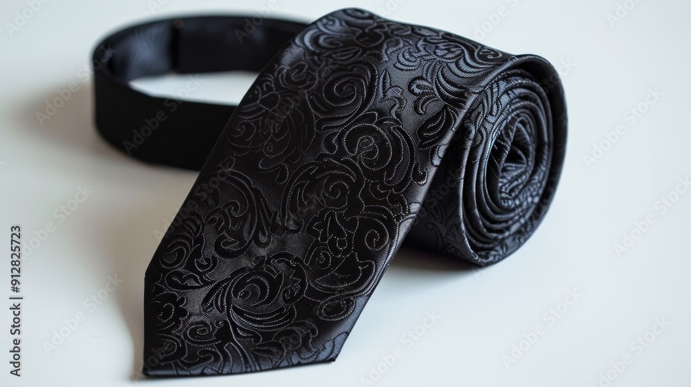 Close up of a black necktie with a floral pattern. Close up of a black necktie with a floral pattern.