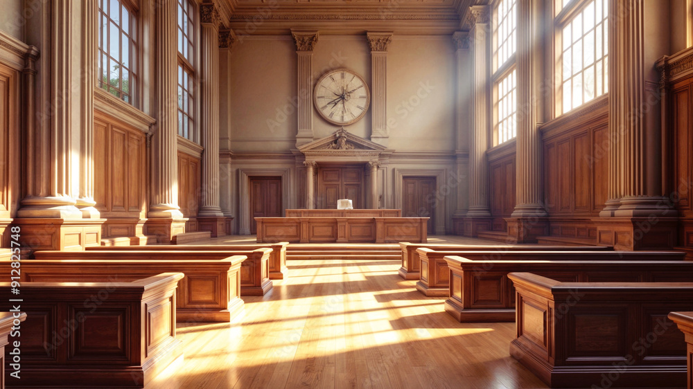 Fototapeta premium interior Empty courtroom advertisement template, empty space for text, law jury judgment final concept with soft blurred advertisement banner ,AI