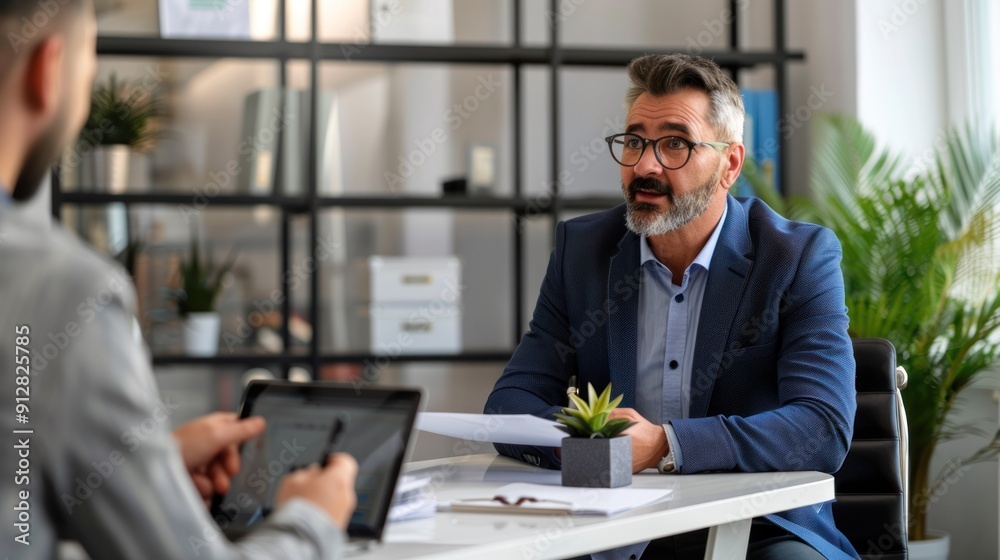 Bank representative explaining banking services to a client. Bank representative explaining banking services to a client.