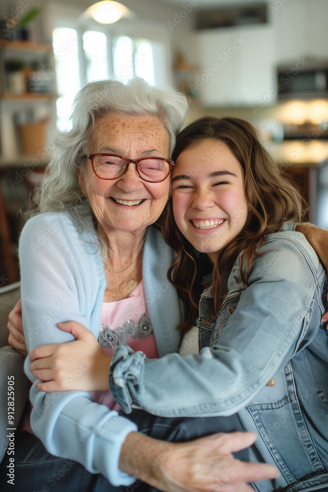 A grandmother hugging her granddaughter sitting on the sofa indoors, smiling and showing love to each other. A grandmother hugging her granddaughter sitting on the sofa indoors, smiling and showing love to each other.