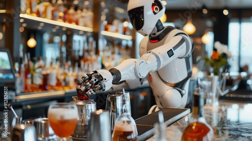 Robotic bartender mixing drinks, upscale bar setting Advanced and precise, innovative and engaging, service industry robotics photo