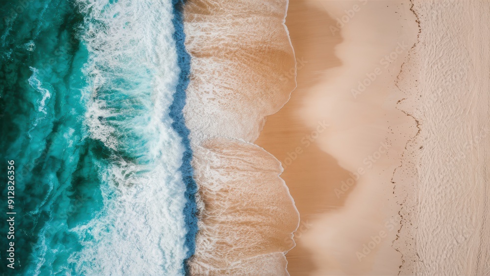 An aerial view of a beach with waves and sand, AI
