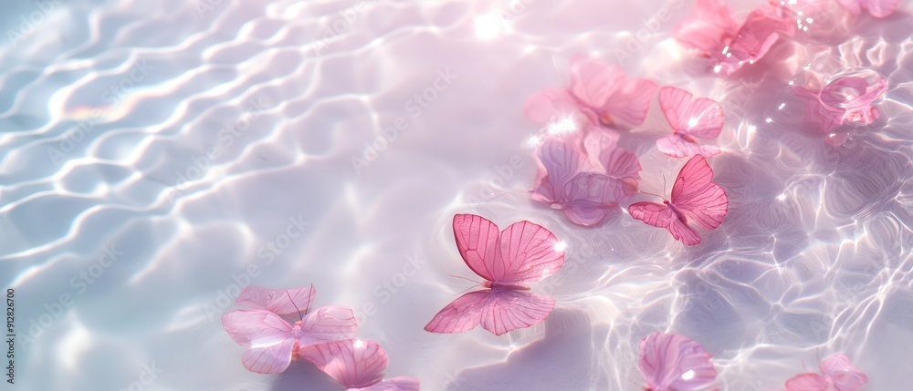 White sand beach, top view, underwater, a group of pink transparency butterflies, minimalism, wide, gaussian blur, sparkling bright ripples, light pink tint, clear White sand beach, top view, underwater, a group of pink transparency butterflies, minimalism, wide, gaussian blur, sparkling bright ripples, light pink tint, clear