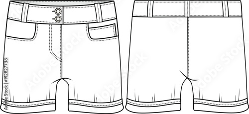 KID GIRLS BOTTOM WEAR SHORTS FRONT AND BACK FLAT SKETCH VECTOR ILLUSTRATION