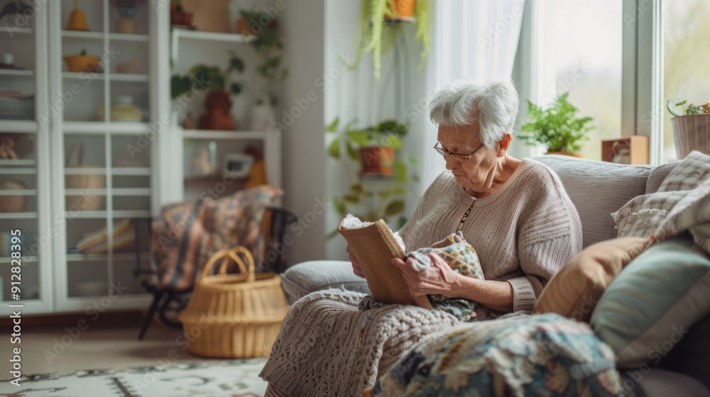 Elderly person decorating their retirement home. Elderly person decorating their retirement home.