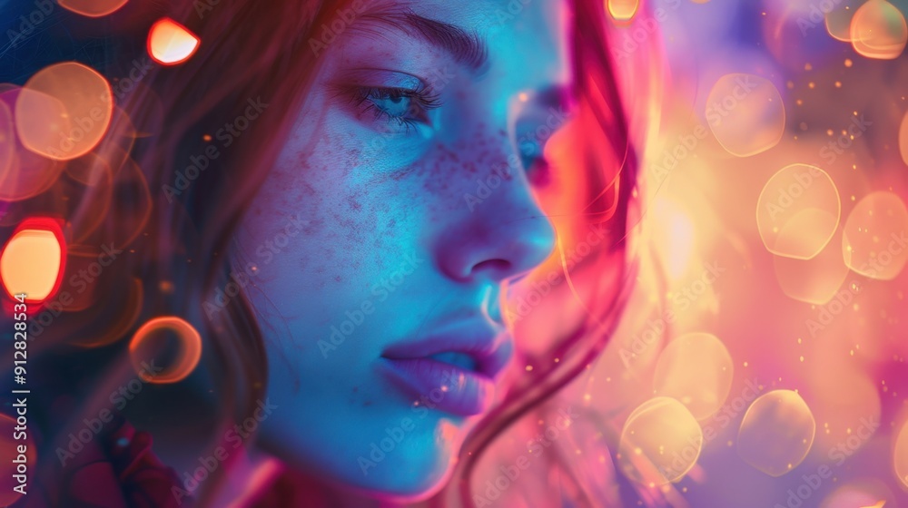 Young woman posing under colorful neon lights Young woman posing under colorful neon lights
