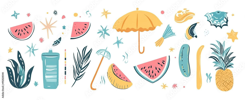 Sun-Kissed Style: Hand-Drawn Abstract Summer Elements and Vacation Motifs, Vector Illustration for Modern and Stylish Artwork Designs
