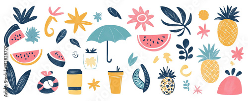 Sun-Kissed Style: Hand-Drawn Abstract Summer Elements and Vacation Motifs, Vector Illustration for Modern and Stylish Artwork Designs