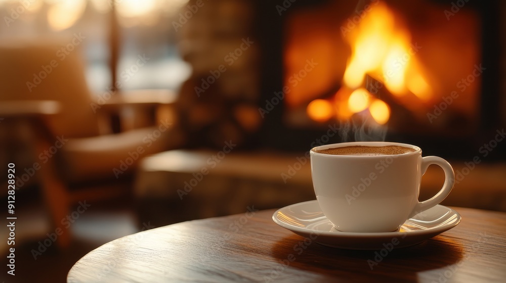 Cozy scene coffee cup on table by fireplace warm