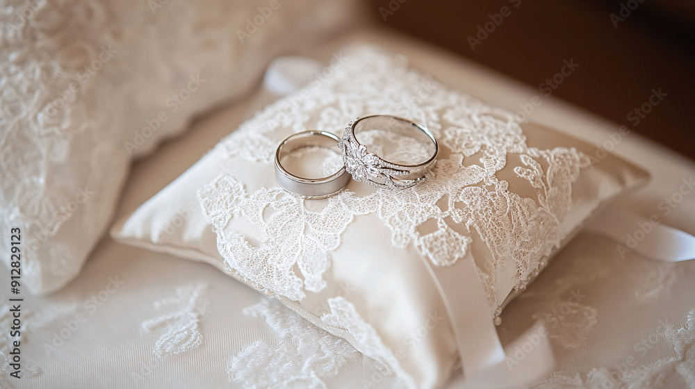 Photography of a detailed view of the wedding bands resting on a satin pillow, with the pillow adorned with lace and ribbon, symbolizing the unity and commitment exchanged during the Wedding Photography of a detailed view of the wedding bands resting on a satin pillow, with the pillow adorned with lace and ribbon, symbolizing the unity and commitment exchanged during the Wedding