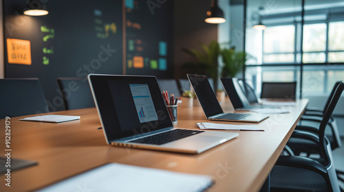 Sala de conferência de escritório moderna com laptops, anotações e gráficos sobre a mesa, cercada por cadeiras vazias, preparada para uma sessão de planejamento colaborativo de lançamento de produto.