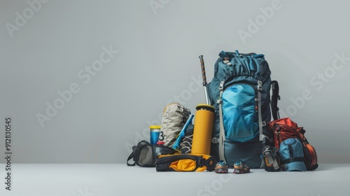 Fully packed trekking bag with gear spilling out.
