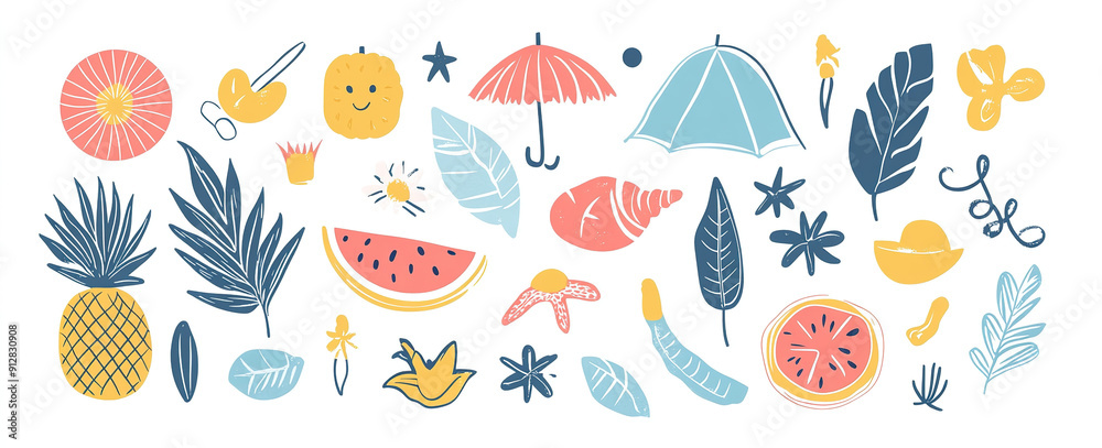 Tropical Getaway: Abstract Summer Artwork with Watermelon, Sun Umbrella & More - Hand-Drawn Vector Design for Trendy Posters and Tees Tropical Getaway: Abstract Summer Artwork with Watermelon, Sun Umbrella & More - Hand-Drawn Vector Design for Trendy Posters and Tees