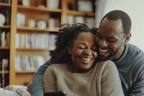 An African-American couple using a cell phone sitting on a couch in a living room.