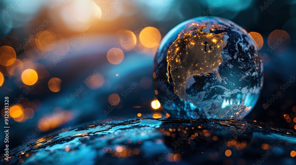 A glowing Earth with golden lights illuminating the continents. A glowing Earth with golden lights illuminating the continents.