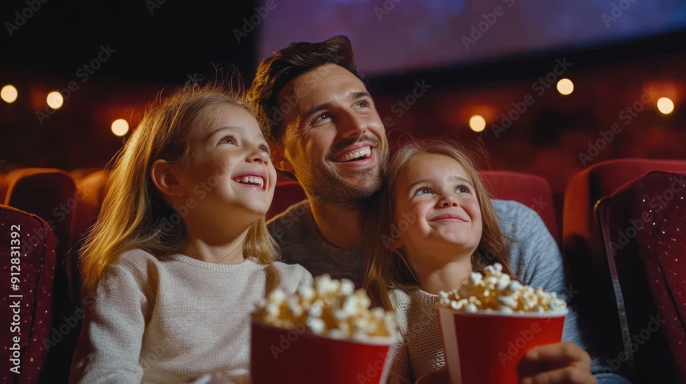 father with two children watching a movie in the cinema and eating popcorn, enjoying the film together are laughing as they watch a comedy film on the screen of the hall during their holiday vacation. father with two children watching a movie in the cinema and eating popcorn, enjoying the film together are laughing as they watch a comedy film on the screen of the hall during their holiday vacation.